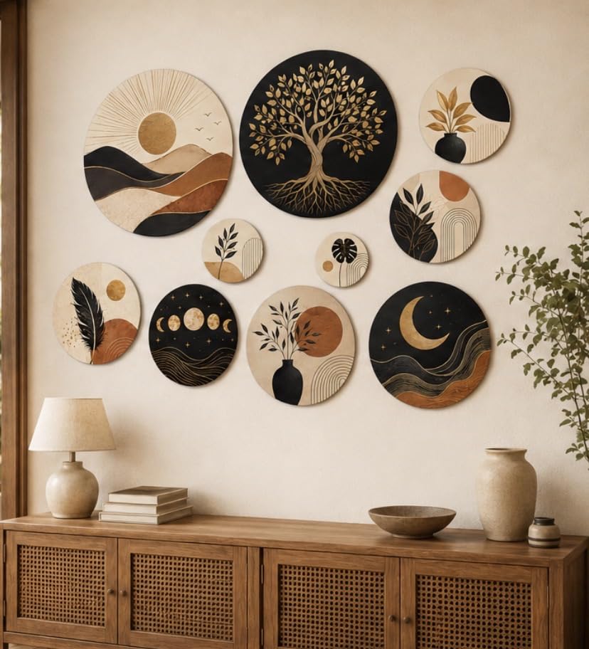 GLADTOGIFT Boho Wall Decor Set of 10 | Tree of Life, Sun Moon & Botanical Round MDF Wall Art | Modern Aesthetic Wall Decoration for Living Room, Bedroom, Hallway & Home-image-29