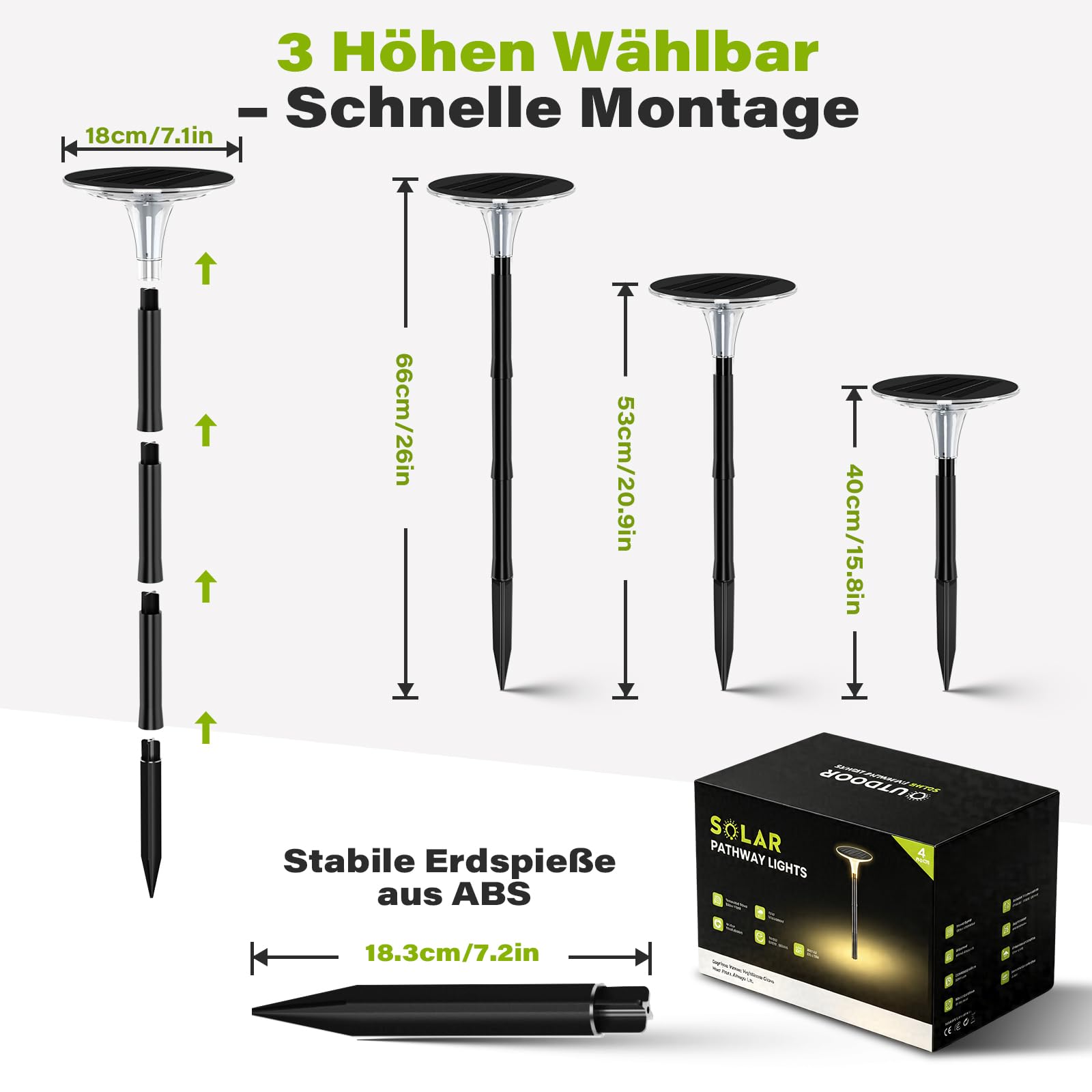 Solarlampen für außen Garten, 4er-Set Wegeleuchten, 3 Lichtfarben | 3000K/4500K/6500K, 200 lm, 360° Rundumlicht, über 12 Std. Laufzeit, IP65, 3 Höhen für Wege Einfahrt und Terrasse