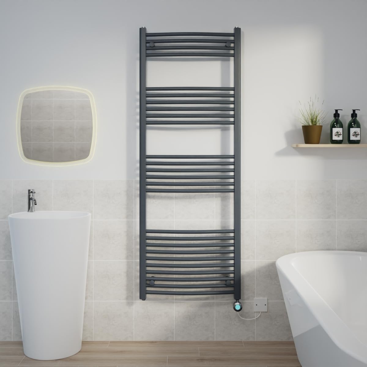 Warmehaus Prefilled 1600x600mm Curved Electric Heated Towel Rail with Timer Thermostatic Bathroom Radiator Anthracite - 800W(Chrome Heating Element) — image 1