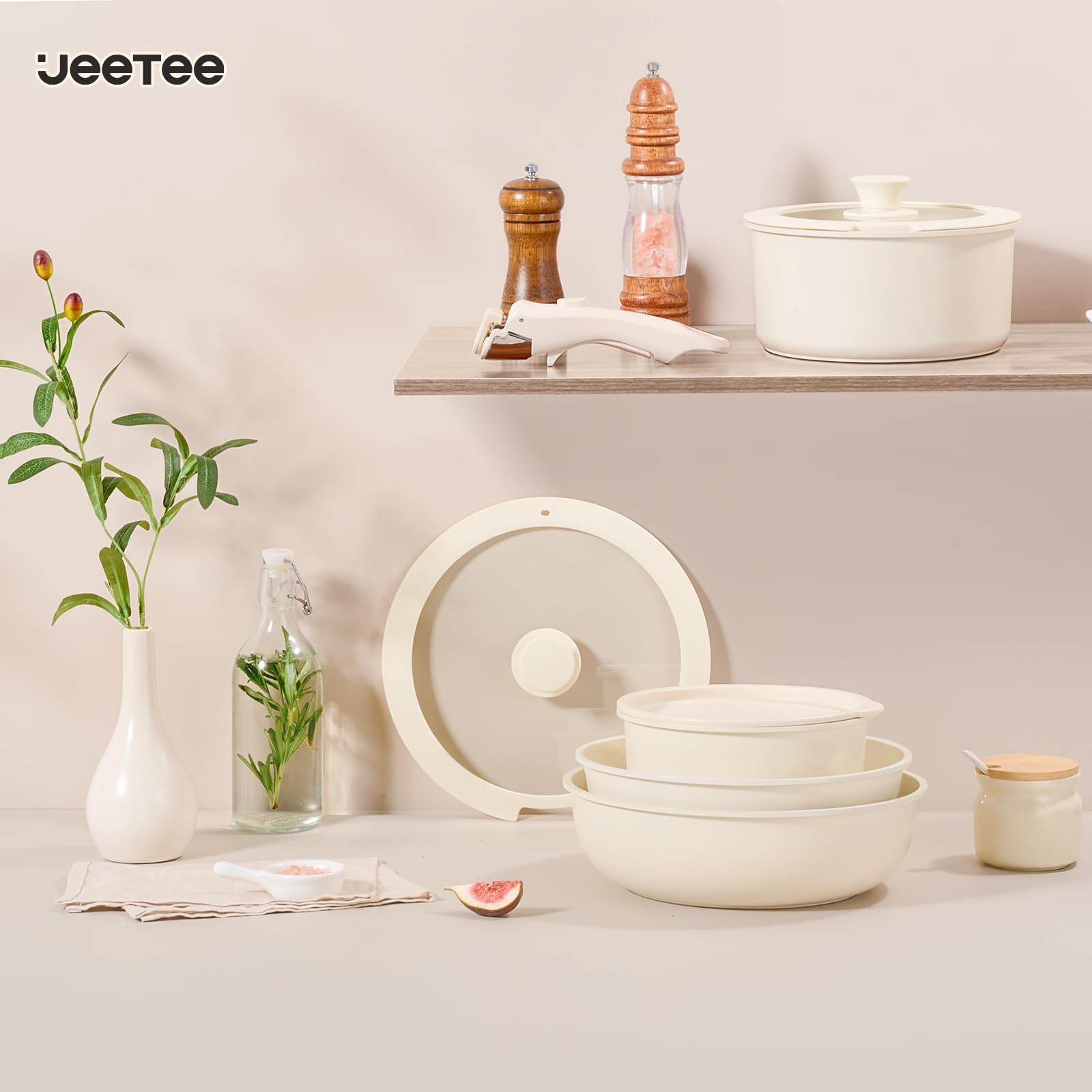JEETEE Set di pentole e padelle antiaderenti, 19 pezzi, set di pentole da cucina con manico staccabile, set di pentole antiaderenti a induzione con manico rimovibile, pentole impilabili per camper
