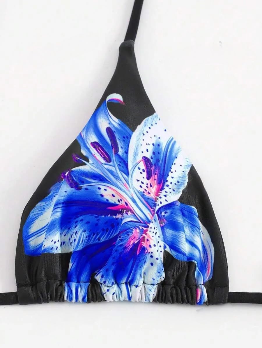 ZAFUL Womens 3pcs Swimsuit Floral Halter Triangle Bikini Top Tie Side Bottom with Long Sheer Cover Up Skirt - Image 4