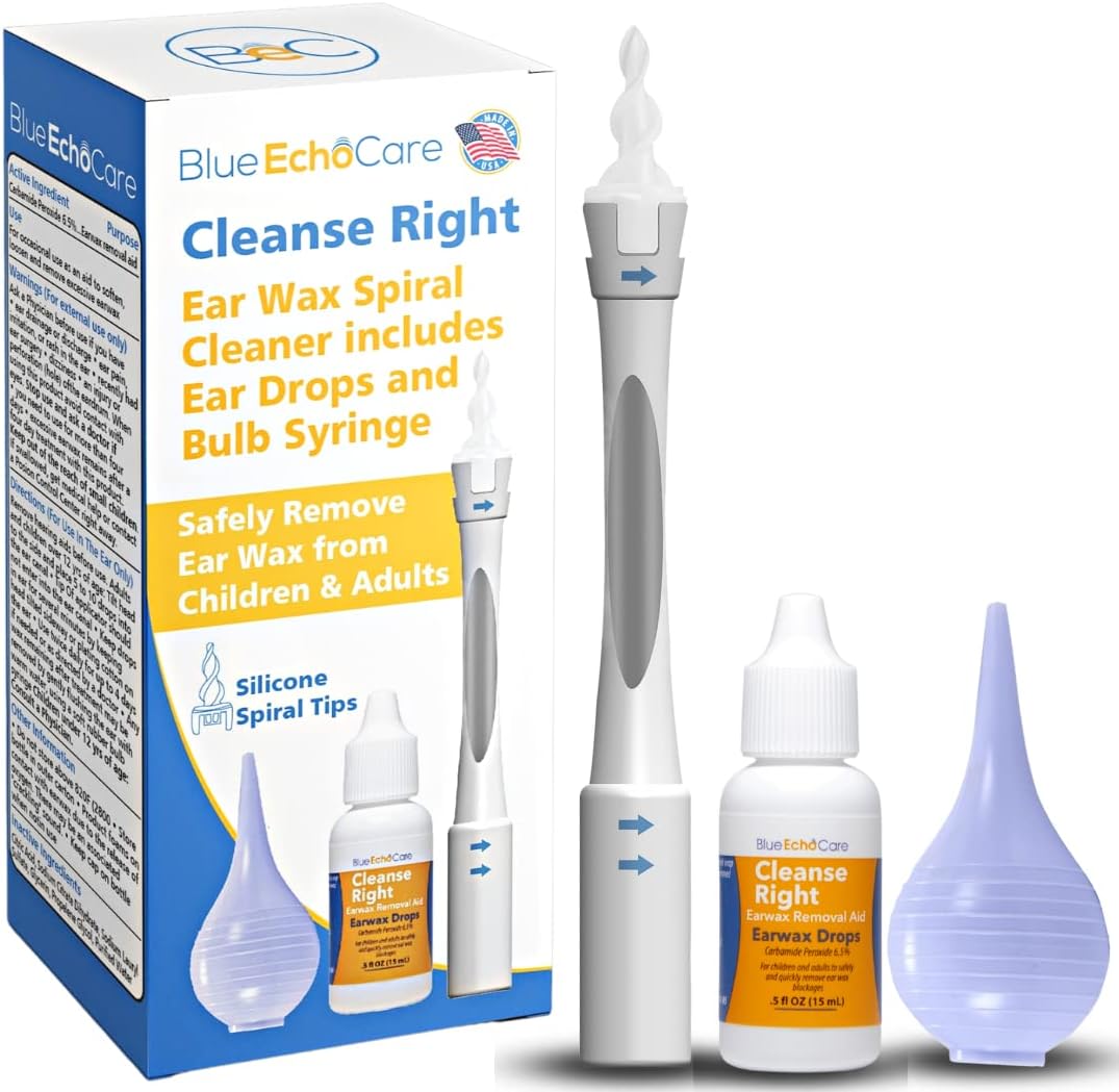 Cleanse Right 2nd Generation USA Made 1 Bottle of .5OZ Ear Drops and Ear Wax Removal Tool Kit, Ear Wax Spiral, Bulb Syringe Remove Earwax Blockage, Cleaner, Irrigation Tool