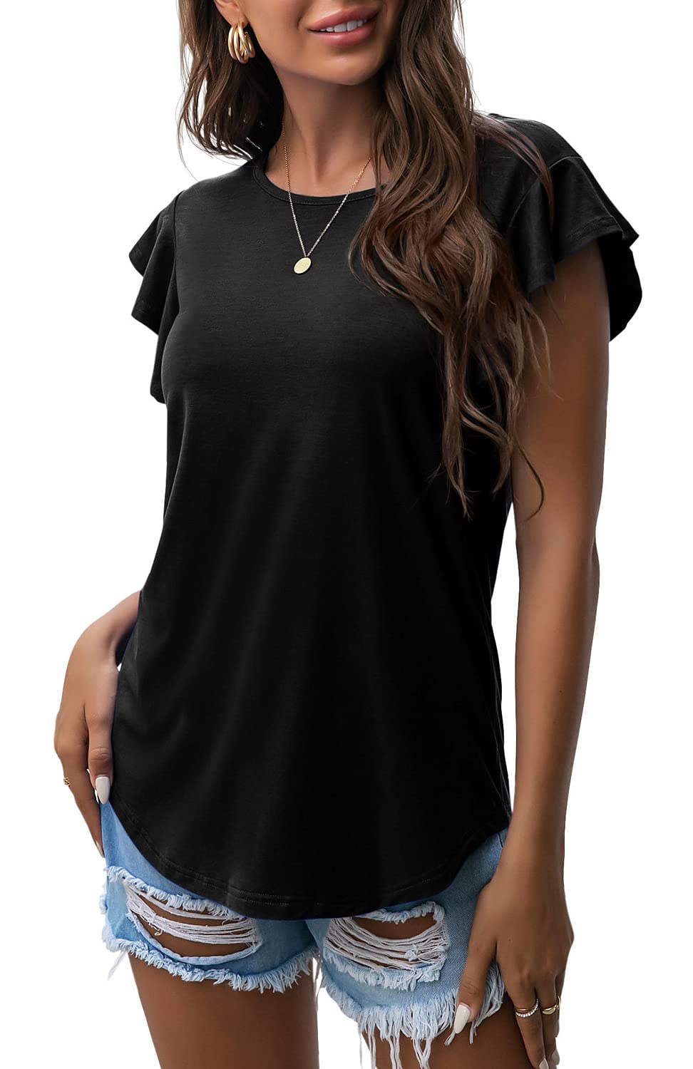 PrinStory Womens Summer Top Casual Short Sleeve T-Shirt Crewneck Ruffle Sleeve Blouse