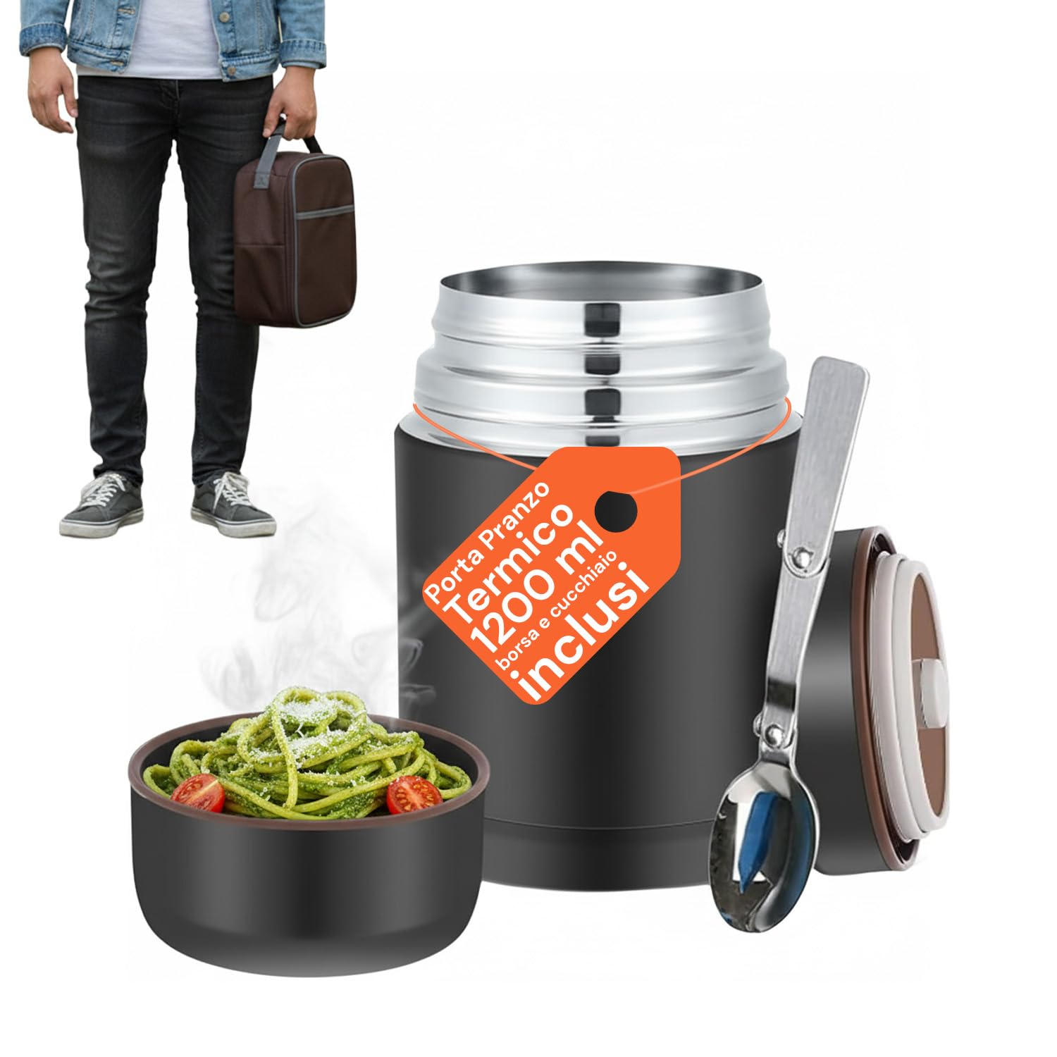 Avilia - Porta Pranzo Termico 1200 ml in Acciaio Inox con Borsa Isotermica e Cucchiaio Pieghevole, Lunch Box Ermetico per Alimenti Caldi e Freddi, Facile da Pulire e Ideale per Ufficio, Scuola o Viagg