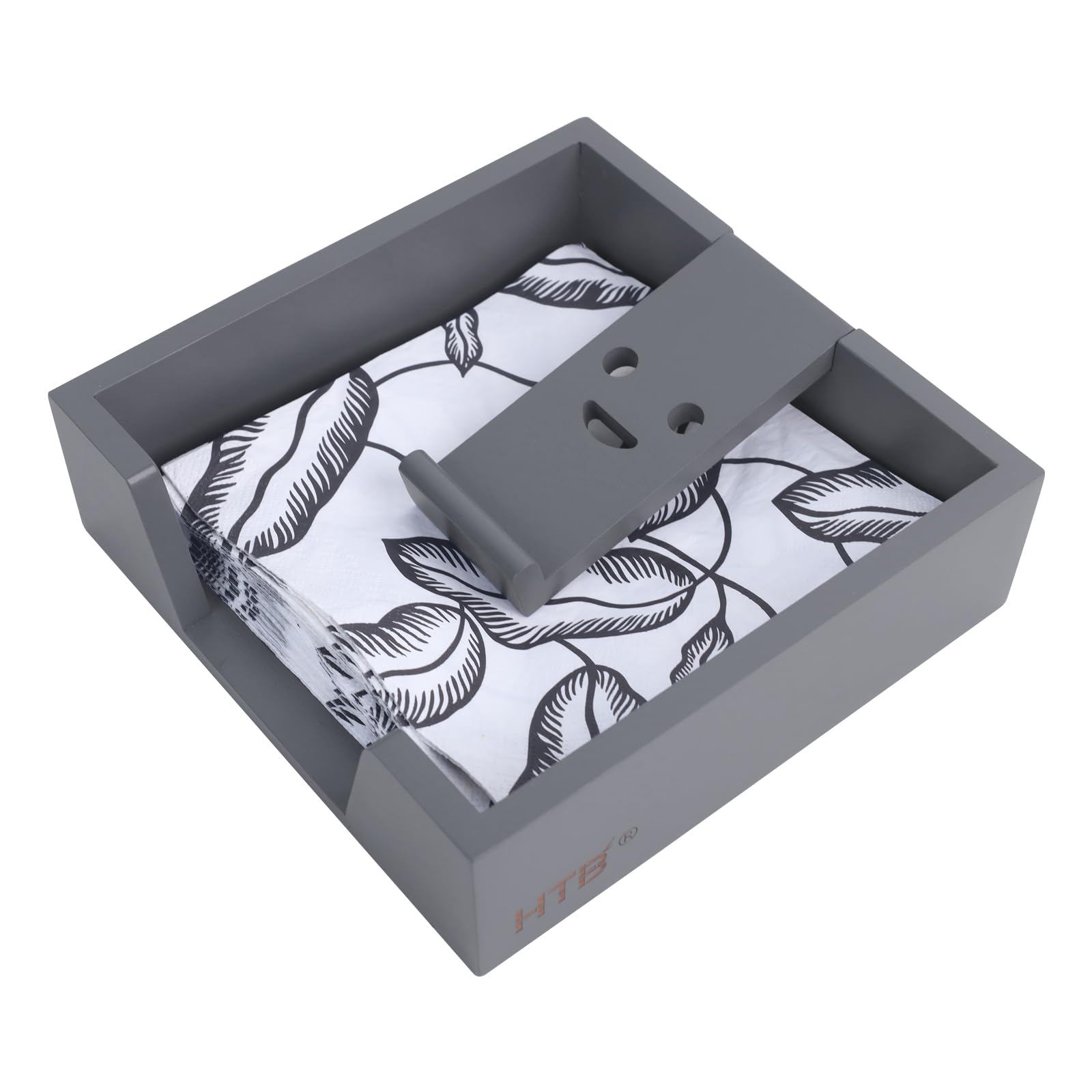 Bamboo Flat Napkin Holder with Weighted Arm Decorative Napkin Tray Dispenser for Table Kitchen Bathroom Dinning (grey)