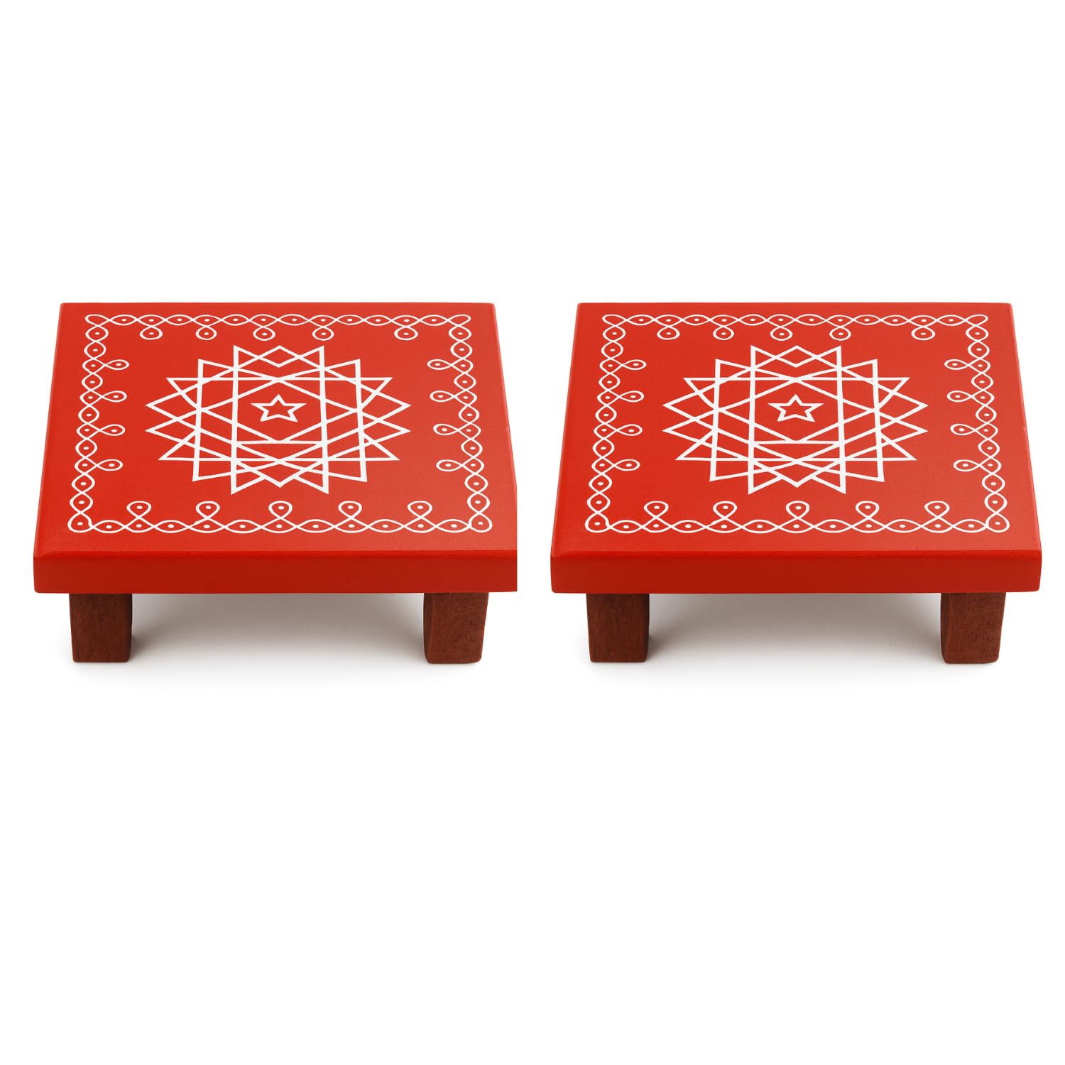 Wooden Pooja Chowki | Small Manai with Kolam Design for Diya, Idols & Pooja Items | Red Colour Wooden Base for Mandir | 3-inch Mini Pooja Stand (Handcrafted)-Pack of 2-image-29