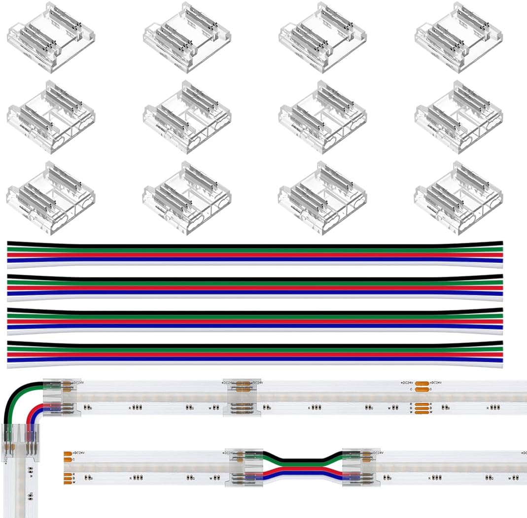 BTF-LIGHTINGFCOB 5Pin 12mm 0.47in Width Transparent Connector Kit 8pcs Corner Connector 4pcs Gapless Solderless Connector 4pcs 5.9in Long 24AWG Extension Wires Support FCOB RGBW (+ R G B W) LED Strip