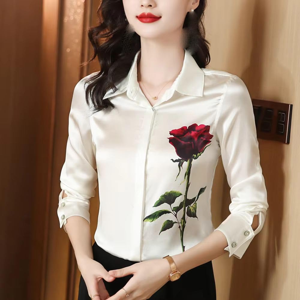 JYHBHMZG Chemisier vintage à manches longues en satin de soie avec imprimé floral pour femme