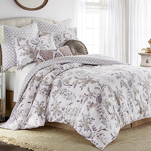 Levtex Home - Pisa Duvet Cover Set - King Duvet Cover + Two King Pillow Cases - Floral Contemporary Peacock - Grey And Taupe - Duvet Cover (106 X 94In.) And Pillow Case (36 X 20In.) - Cotton #TOP1