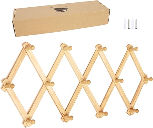 AMAPON Perchero de pared de madera estilo acordeón, ampliable, con 13 ganchos (clavos) para colgar sombreros, chaquetas, tazas de café, bolsos,