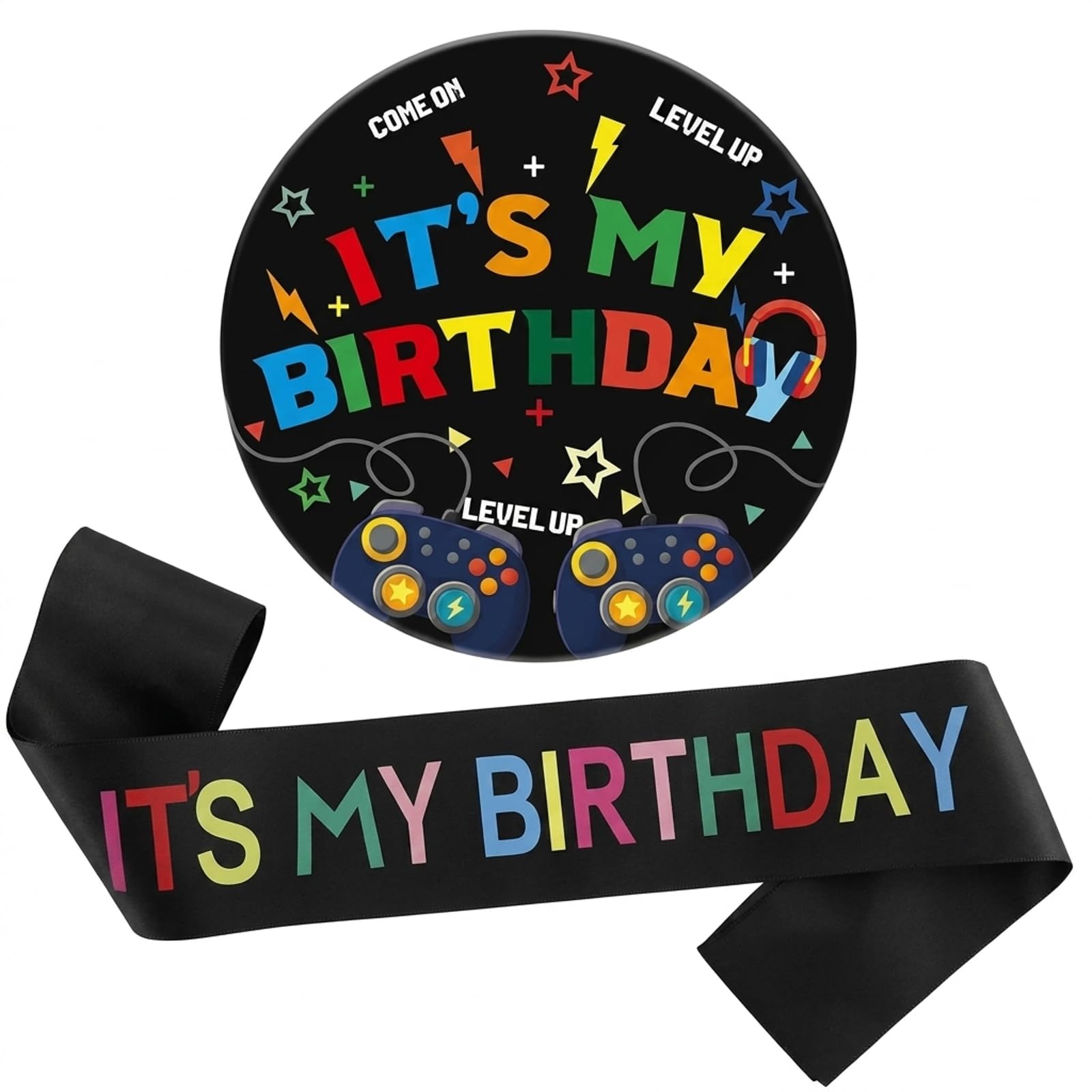 Alrens Happy Birthday Black Gaming Theme Metal Pin Badge with Shoulder Strap for 6th 7th 8th Birthday Gifts