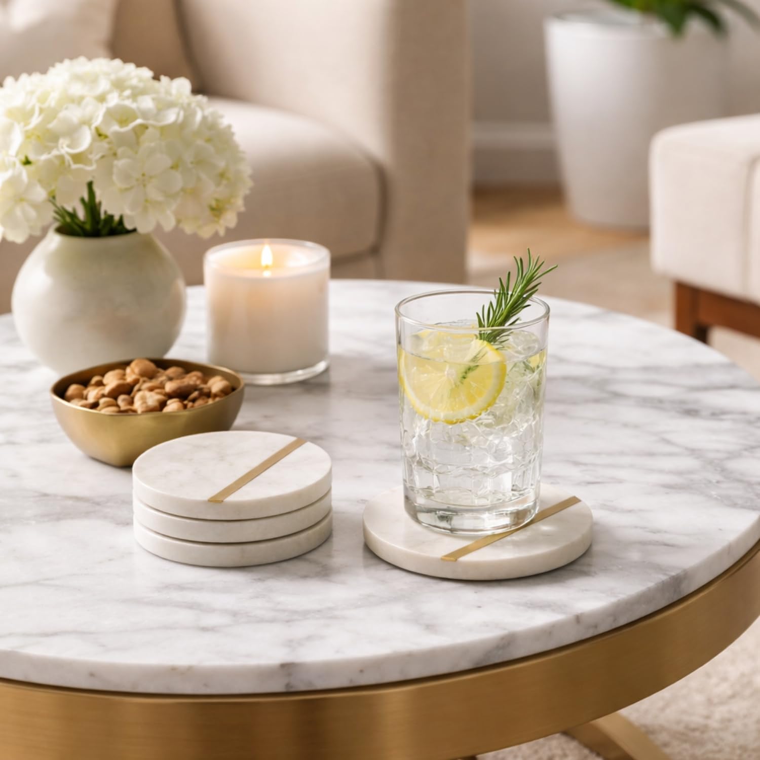 White Marble Drink Coasters with Gold Brass Inlay, Set of 6 – Handcrafted from Real Solid Marble, 4 Inch Round Coasters for Drinks. - Image 7