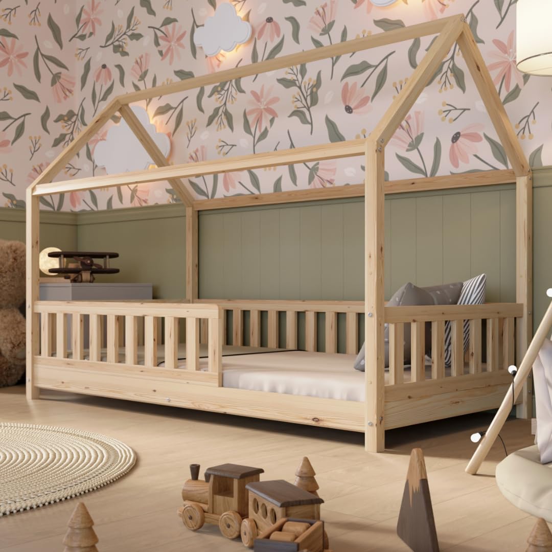 Hausbett 140x200 cm – Kinderbett aus Naturholz mit Rausfallschutz – Skandinavisches Design, Montessori Bodenbett mit Höhenverstellbaren Beinen - Crazy Blanco