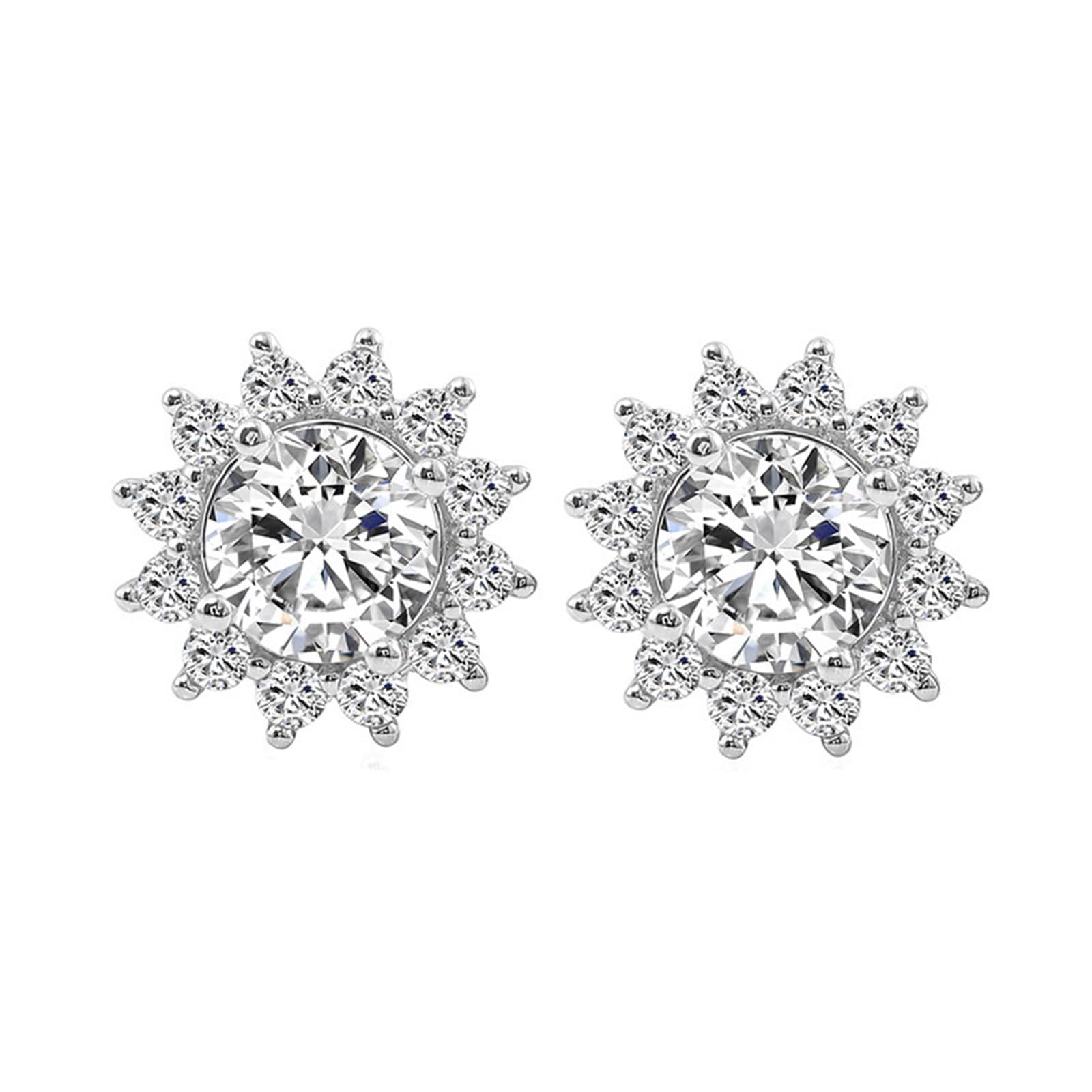 Pendientes Mujer Girasol con Moissanita de 0.5ct y Circonita, Oro Blanco 9K/14K/18K/Plata de Ley 925, Joyería Pendientes de Botón con Piedra