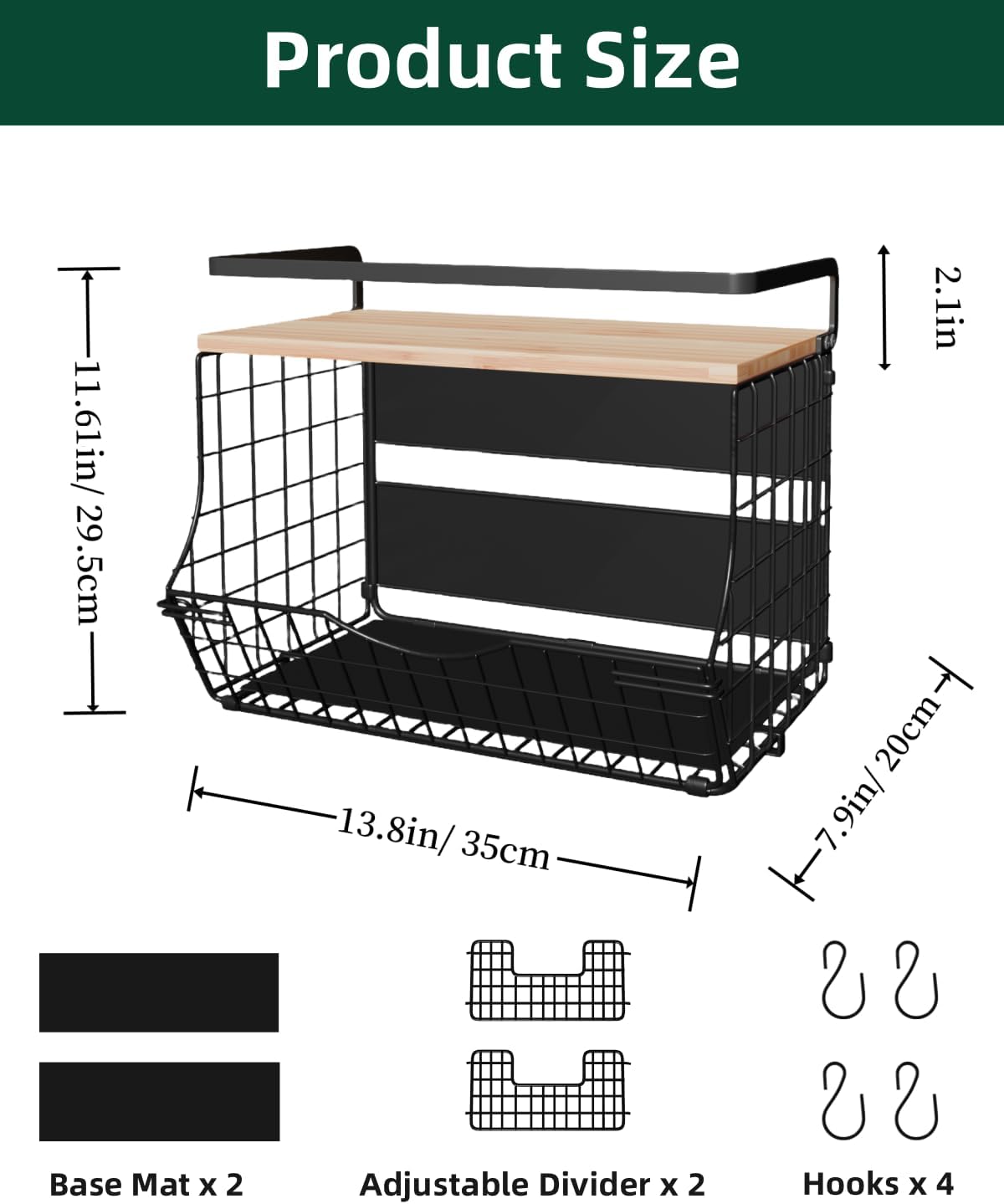 Magnetic Shelf for Fridge with Wood Lid, Fruit Potato and Onion Storage Bins, Kitchen Large Container Magnetic Spice Rack for Refrigerator, Kitchen Counter, Tools, Snack (BLACK, 2 Pack)
