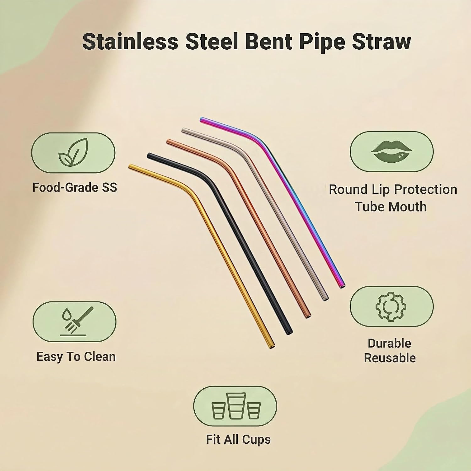 Reusable Stainless Steel Bent Straws, 5 Pack, 8.5 Inch, Food-Grade Metal Drinking Straws with Cleaning Brush, Silver, Black, Rose Gold, Gold, Iridescent