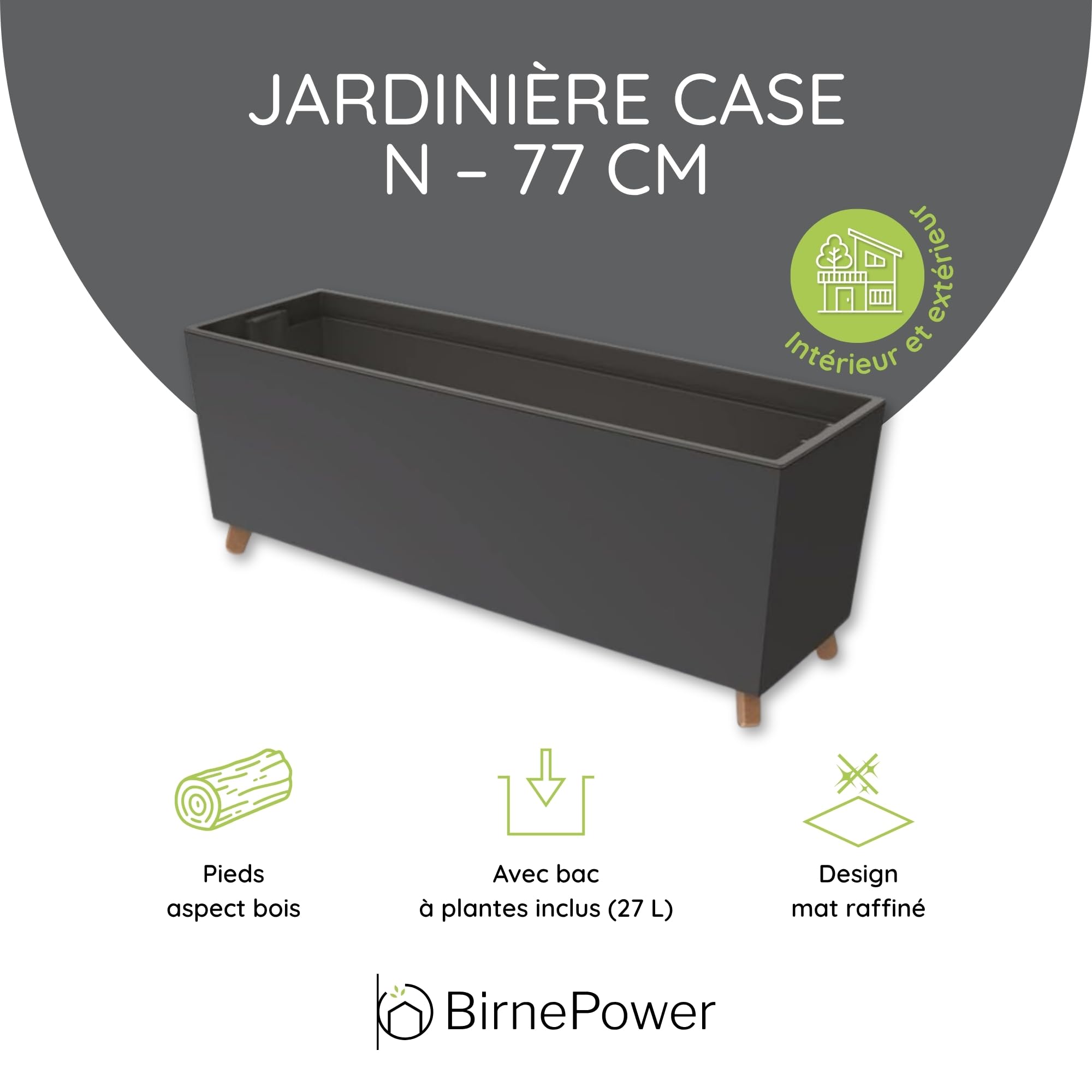 BirnePower Jardinière sur Pieds Urbi Case N avec Insert Amovible, Pot de Fleurs Rectangulaire 77cm pour Intérieur et Extérieur, Résistant au Gel et UV, Anthracite