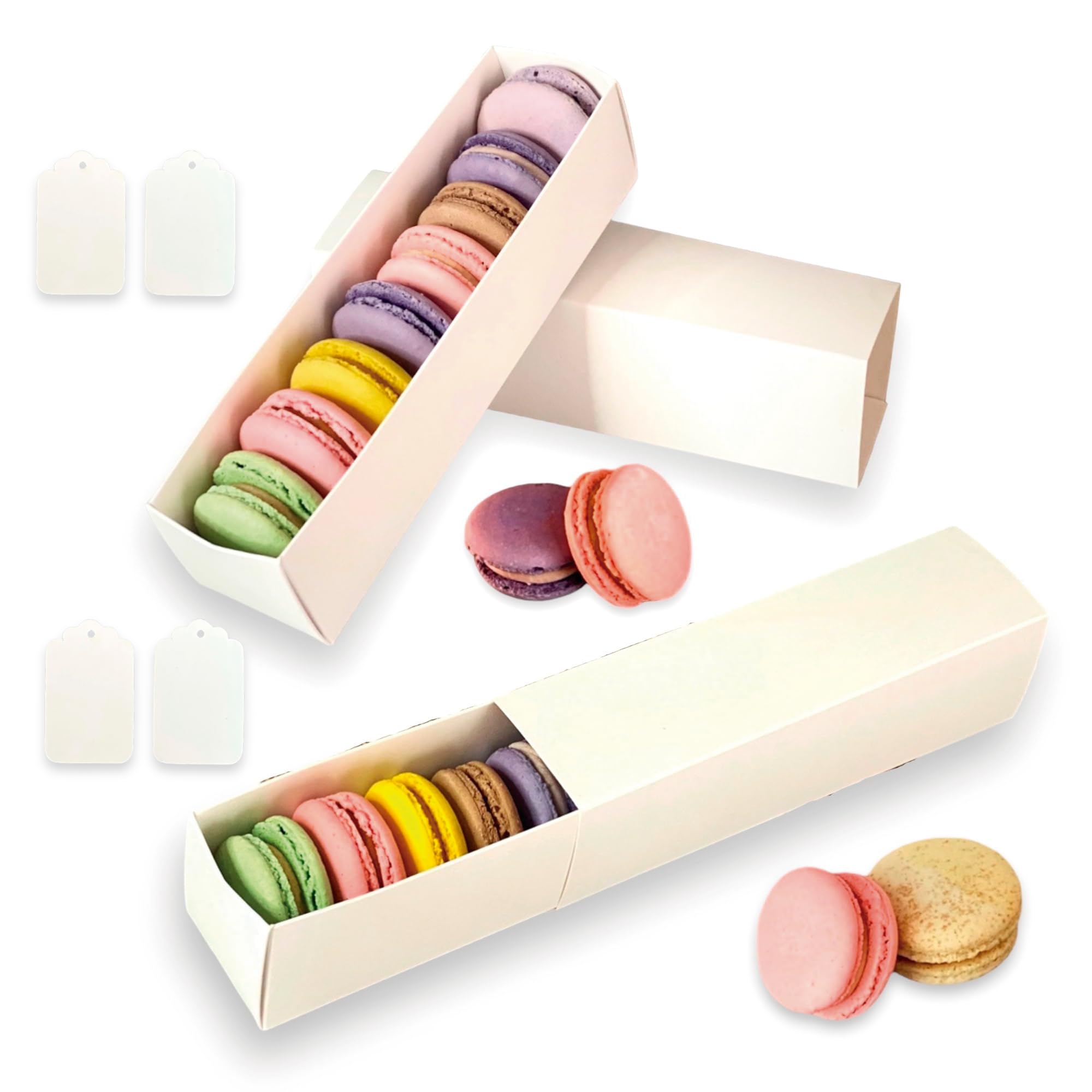 VASSAPACK 12 Pcs Macaron Boxes for 6-8 with White Sleeves 8.26x1.97x1.97 Inches - Oreo Cookie, Covered Strawberries Gift Boxes, Perfect for Wedding Favors, Party Treats, Macarons Containers