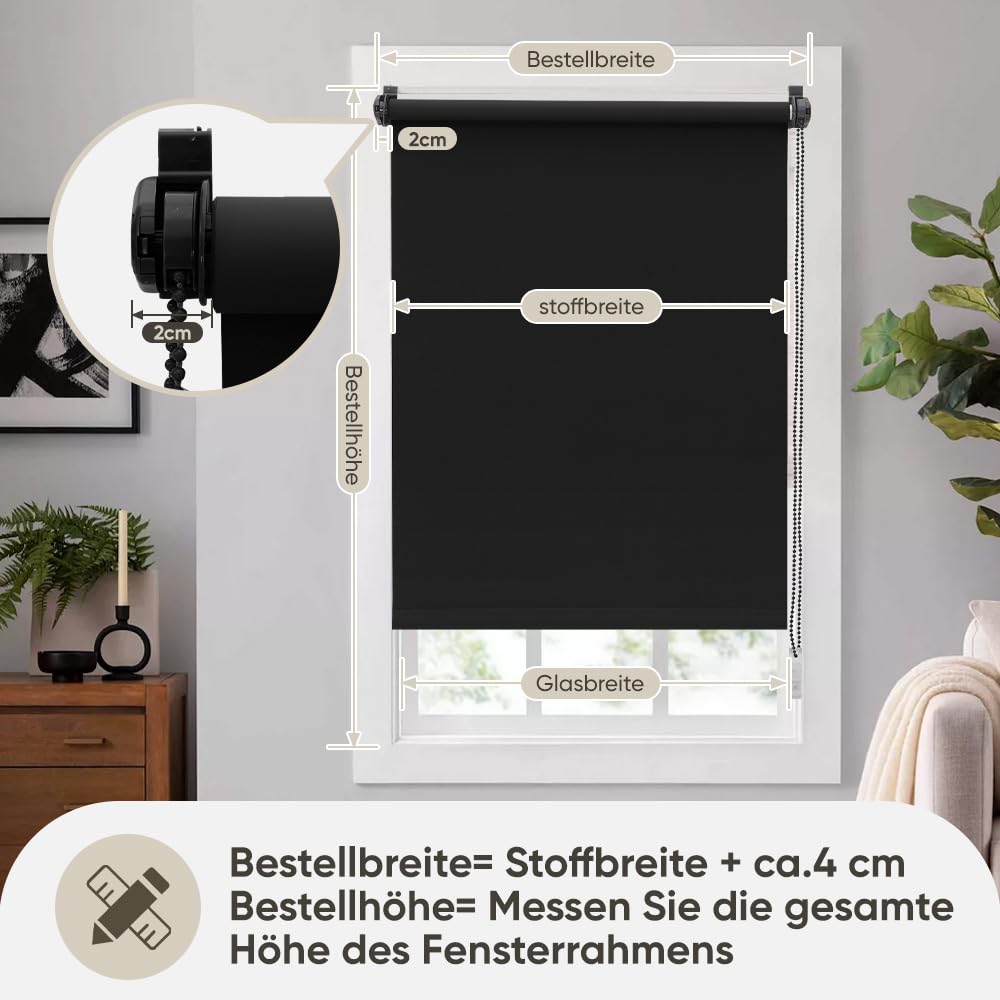 Sekey Verdunklungsrollo ohne Bohren Klemmfix 130 cm breit, Seitenzugrollo Hitzeschutz Sichtschutz und Sonnenschutz Wandmontage Deckenmontage Klemmrollo für Fenster & Tür, 130 x 150cm, Schwarz