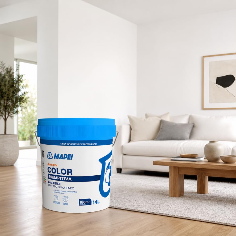 MAPEI Dursilite Color Idropittura Murale Riempitiva Lavabile per Interni, Bianco, Finitura Opaca, Professionale, 14 L