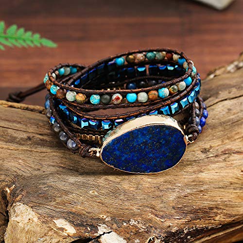 Plumiss Boho Bracelets Handmade Lapis Lazuli Stone Beaded Leather 5 Wrap Bracelet For Women Men Gift #TOP4