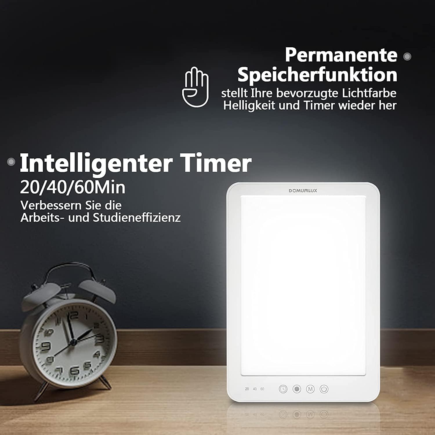 Lámpara de fototerapia sin UV de 10000 lux con brillo ajustable Lámpara a con 3 temperaturas de color y 3 temporizadores