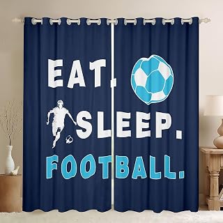 jejeloiu Deep Blue Football Darkening Drapes (2 Panels, 42 x 84 Inch) Rugby Sports Curtains Soccer Ball Game Football Lover 30%-50% Blackout Curtains Window Treatment