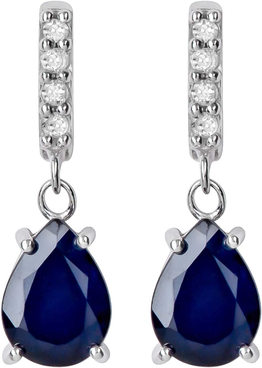 10k White Gold Genuine Pear-Shape Sapphire and Diamond Drop Dangle Earrings