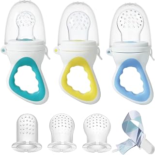 PandaEar 3 Pack Baby Feeder Fresh Fruit Food Feeder with 3 Different Size Silicone Pouch and 1 Pacifier Clips, Training Massaging Toy Teether