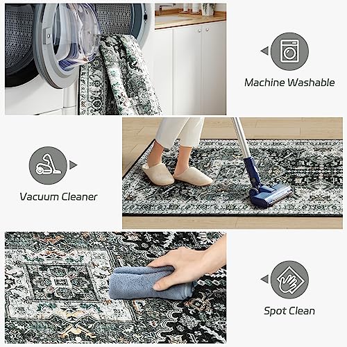 Madane Hallway Washable Runner Rug 2x10, Vintage Kitchen Rugs Soft Entryway Rug Runner Non Slip Indoor Floor Carpet for Bathroom Living Room Bedroom, Grey Green/Black Olive