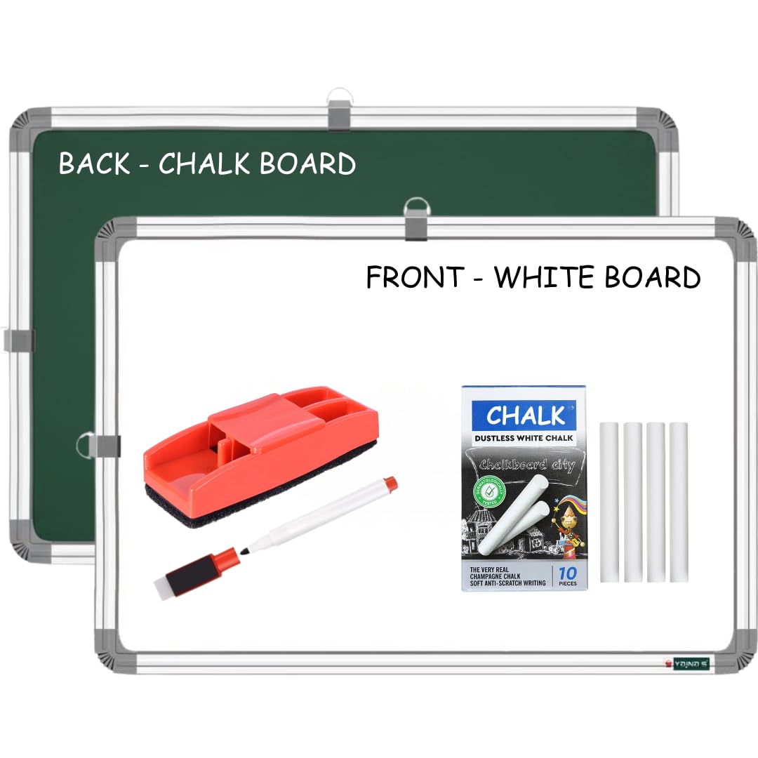 SHELFKING 2 in 1 Learn N Write 1x1.5 Feet Slate for Kids | with Duster, Marker & 10 Pcs Chalk | Double Sided Front for Chalk & Reverse Dry Erase Marker Board with PVC Corners (41x30 cms)-(Green,White)