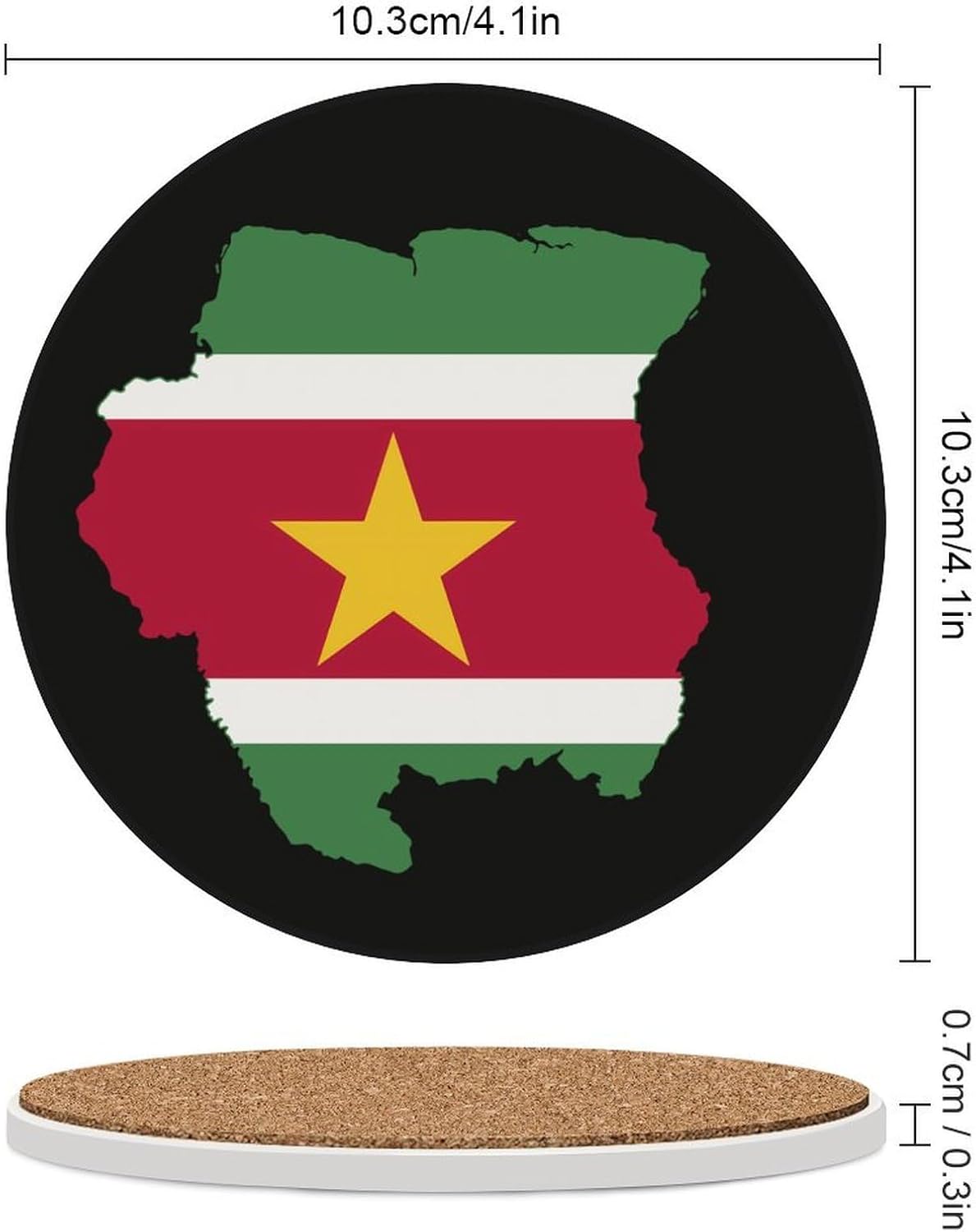 Flag Map of Suriname Round Ceramic Coasters for Drinks Absorbent Cup Holder Tabletop Protector with Cork Base
