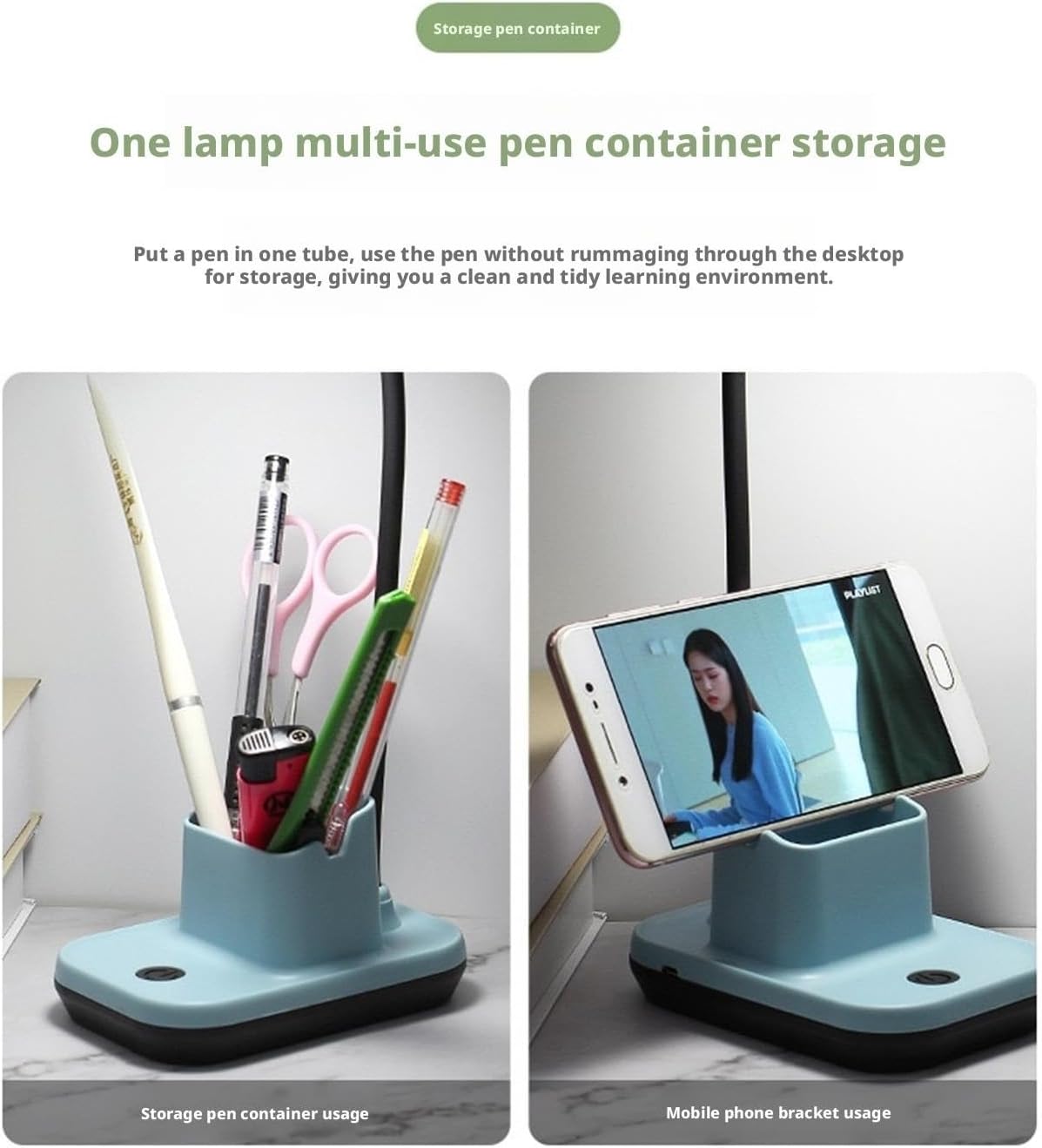 Eye Protection Flexible Eye-Caring Desk Lamp with USB Port & Pen Holder Base Desk Lamp(Green)