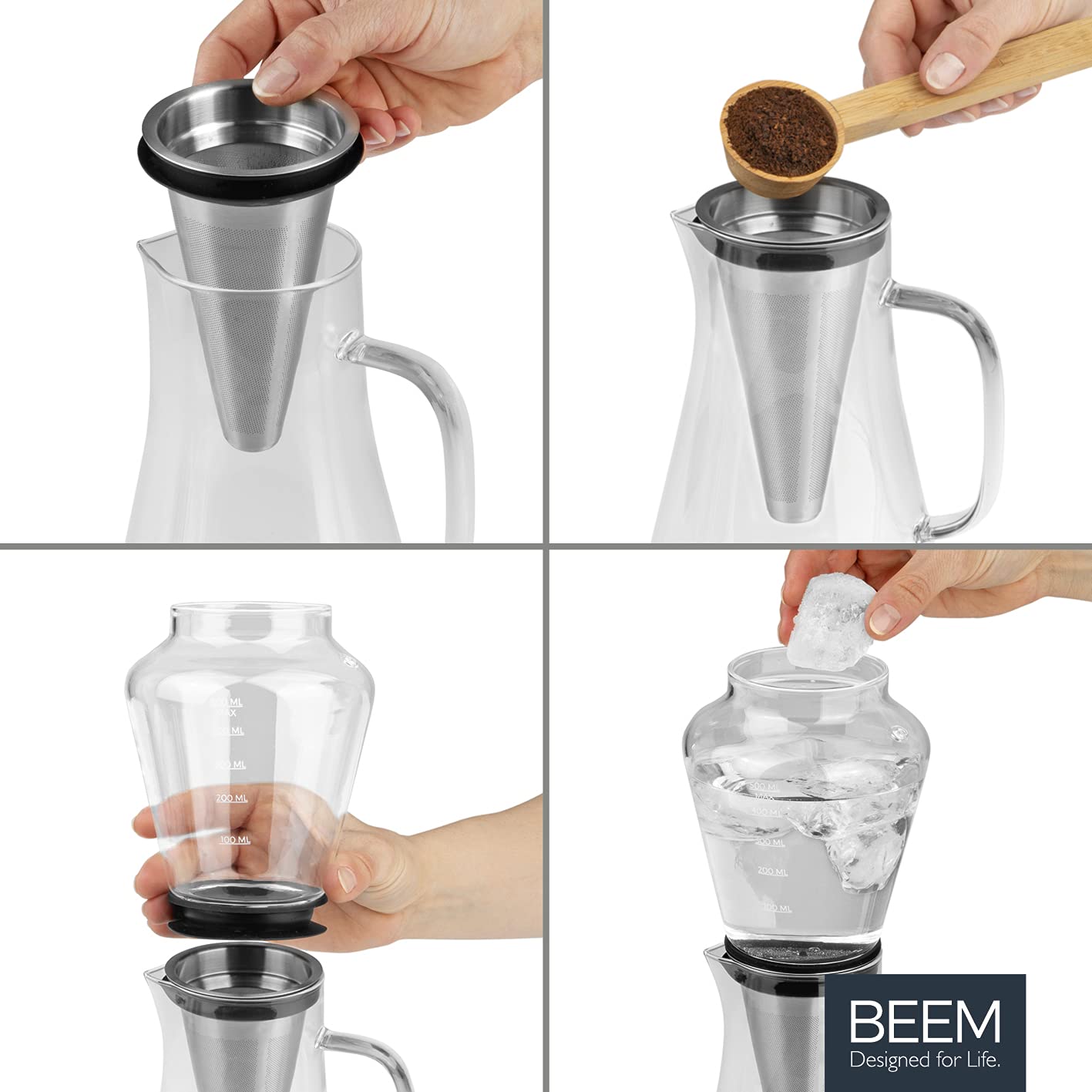 BEEM Cold Drip 03075 - Cafetera para cafetera de cristal de borosilicato de 0,5 l, acero inoxidable, transparente, 14 x 12,5 x 33,4 cm