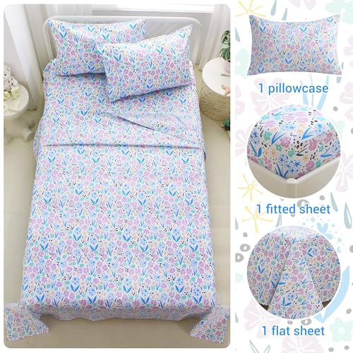 Image of Viviland 3 Pieces Girls Purple Floral Twin Sheet Set - Soft Microfiber Fitted Flat Sheets & Pillowcase - Purple Colorful Flower Print Bedding Sets - for Kids & Toddlers