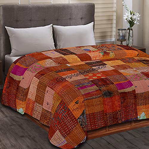Boho Sanskriti Indian Silk Patchwork Kantha Quilts Queen Twin Size Patola Bedspread Throws Bedding Comforter Hand Quilted Blankets Premium Bohemian Bed Cover for Sale- Mix Orange Color Shades Patches