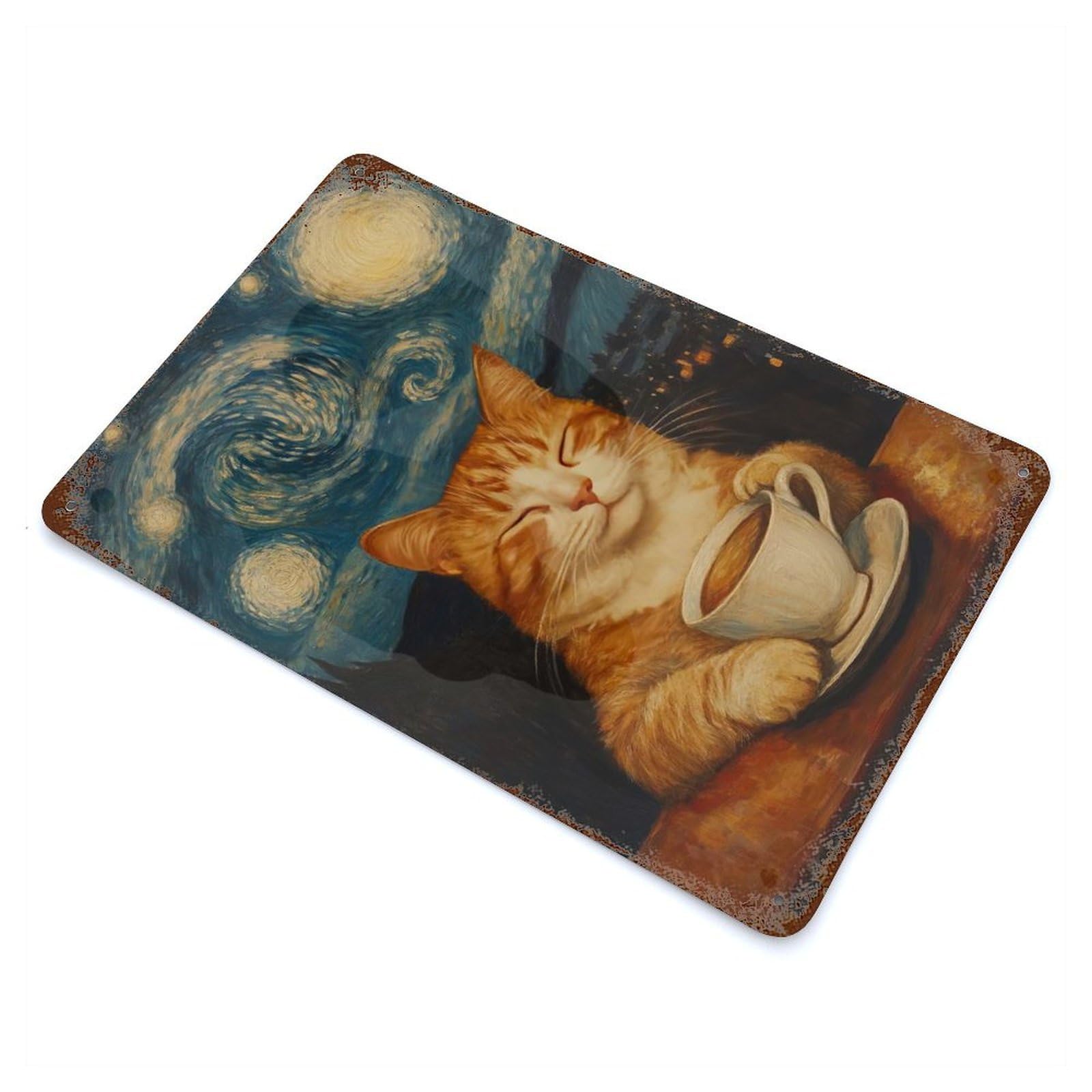Cat in Starry Night Decorative Tin Sign 11.8"x7.9", Industrial Home Decor for Garage, Pub Or Kitchen