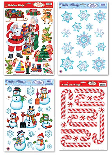 FAKKOS Christmas Window Clings Decals - Santas Workshop, Candy Canes, Snowmen, Snowflake Clings - 4 Sheets