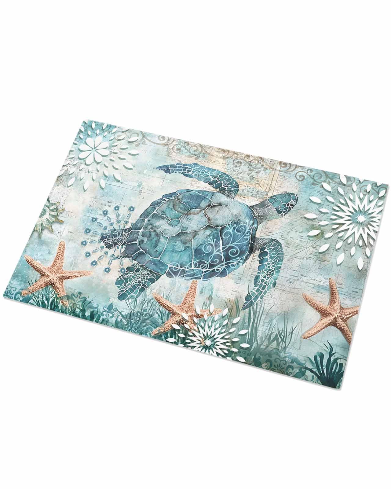 Shag Bath Rugs Retro Nautical Sea Turtle Door Mats Ocean Marine Life Soft Fluffy Doormats Non Slip Indoor