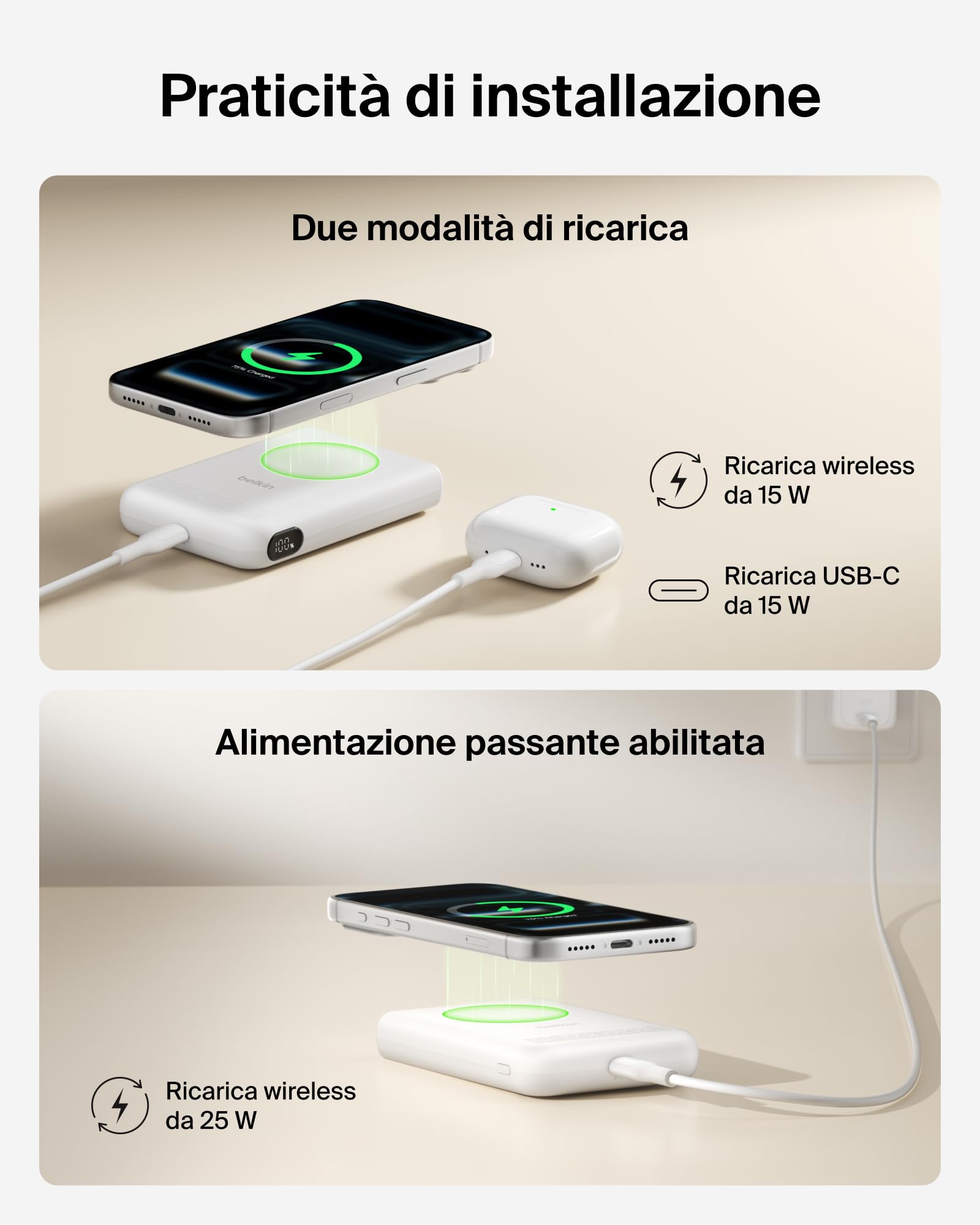 Belkin BoostCharge Power Bank Magnetico 5000mAh con Supporto - Bianco | Caricatore Portatile 5000mAh Wireless, Anello Magnetico, Porta USB-C, Pre-Caricato, Cavo Incluso, Sicuro per l'Aereo