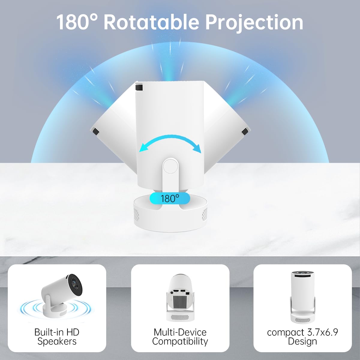 【Built-in Apps】Mini Projector with Wifi and Bluetooth, Support 4K, Portable Projector, 5W Sound Base Speaker, 200 ANSI, Android, Auto Vertical Keystone 210° Rotatable Proyector — view 7