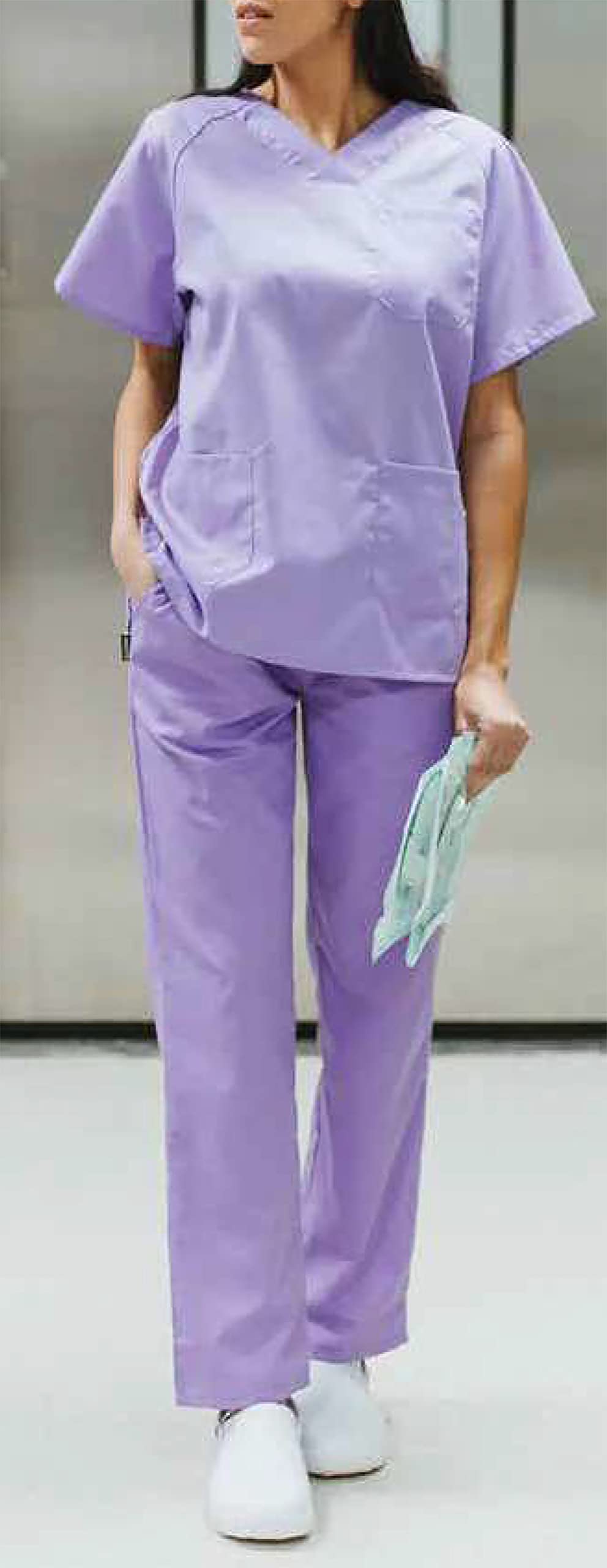 WORKTEAM Conjunto Sanitario Casaca y Pantalón Multibolsillos Cuello Pico Cintura Ajustable