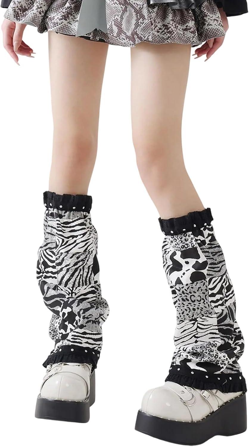 Women Leg Warmer with Ruffle Trim Subcultures Animal Print Patchwork Denims Flared Boot Covers Footless Socks Streetwear