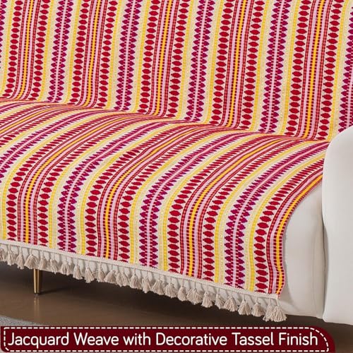 Image of HOKIPO 'Artisan Boho Series' Sofa Cover with Tassel | 450 GSM Cotton Acrylic Jacquard Sofa Cover for 3 Seater Sofa, Size 152x175 cm, Ruby Red (NEW-IN-909-A6)