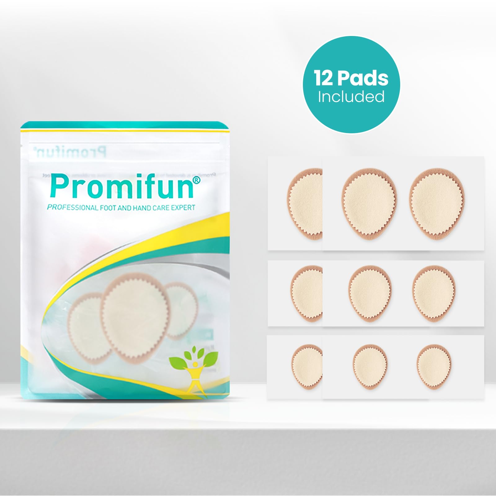 Tiritas para callos – 12 unidades de fieltro médico premium con adhesivo hipoalergénico – Alivio del dolor y eliminación de callos de dedos, talones y plantas – Multitallas, beige