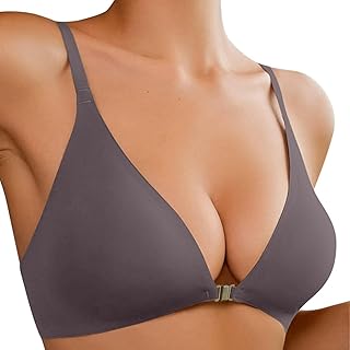 2025 - Sujetador con cierre frontal para mujer, sin aros, escote profundo, cuello en V profundo, bralette acolchado, sin costuras, sujetador cómodo con aro, marrón, XL