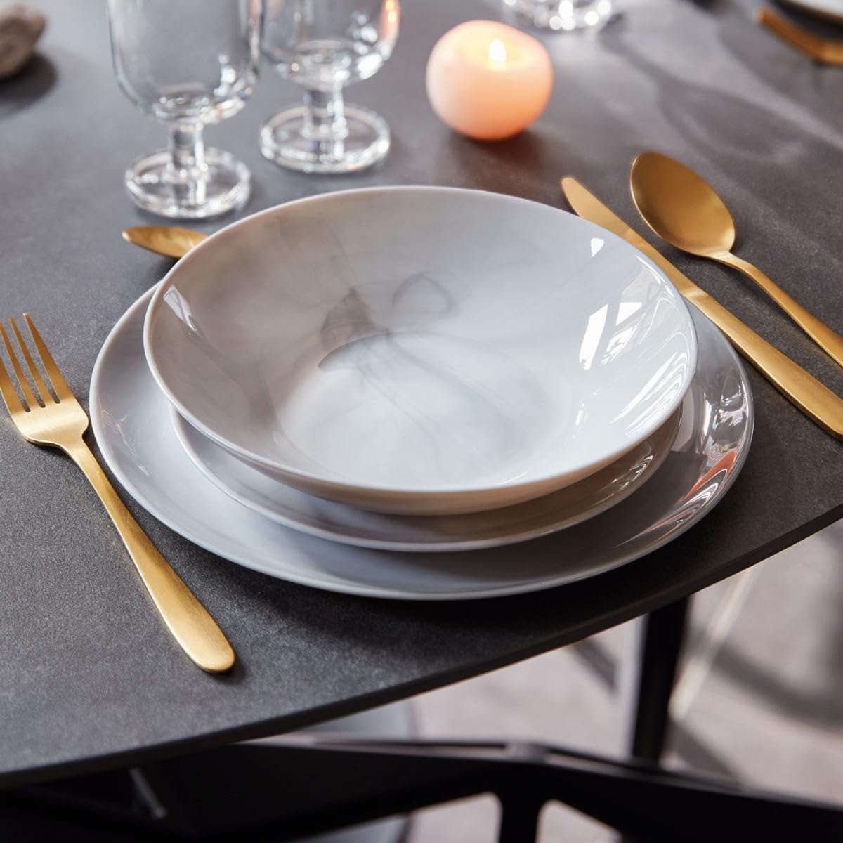 Luminarc Diwali Granit Marb Service de table opale 18 pièces 6 personnes Opale Passe au micro-ondes Passe au réfrigérateur empilable
