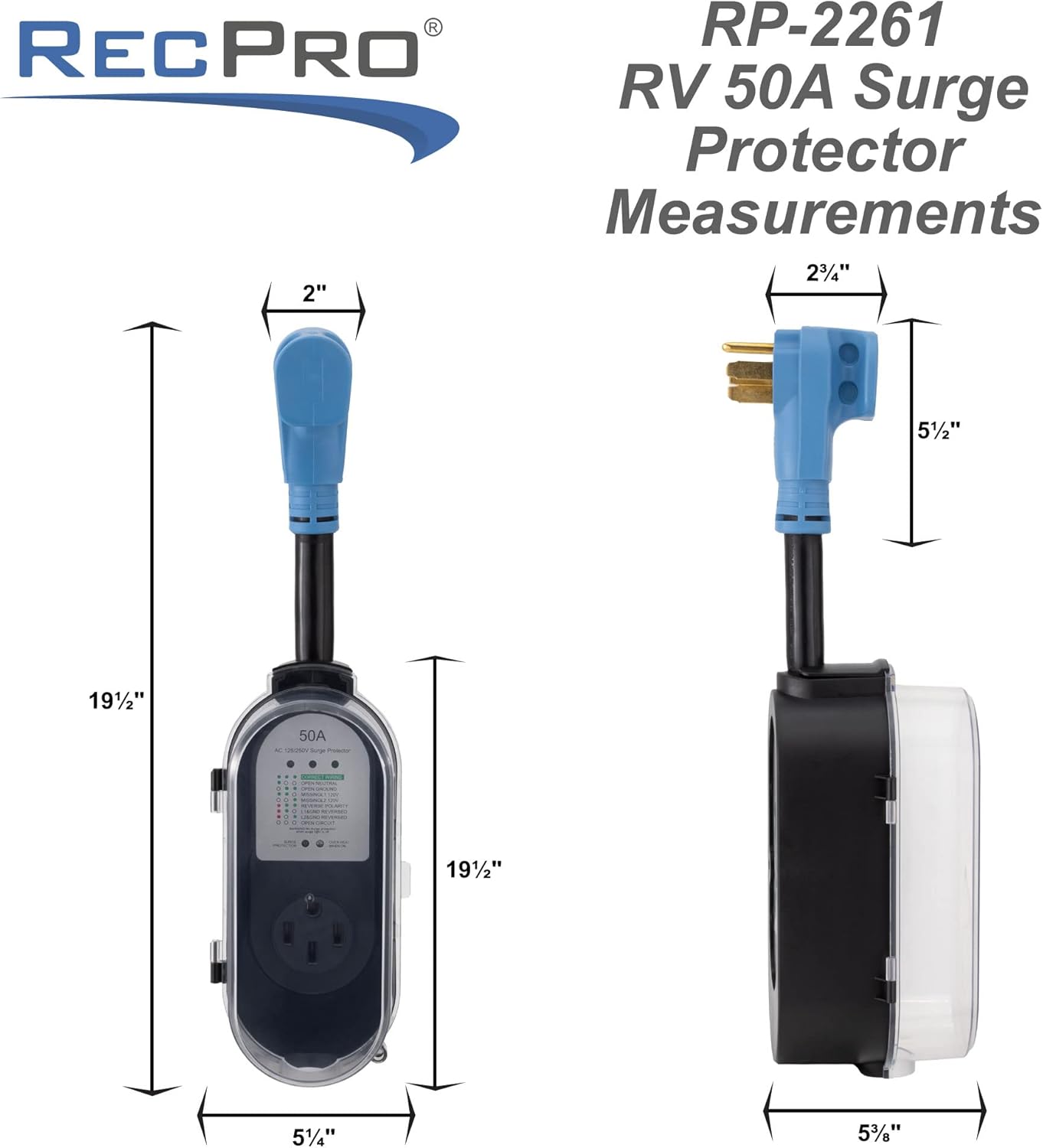 RecPro RV Portable Surge Protector 50 Amp with Water Resistant Cover | Circuit Analyzer | Integrated Surge Protection (50 Amp)