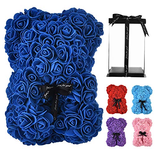 Rose Flower Bear -10 Inches Tall -Over 250+ Flowers Rose Teddy Bear - Anniversary s, Birthdays, Bridal Showers,Valentine s Day,Mothers - Clear Gift Box Included (Light Pink, 10in) (Navy Blue, 10in)