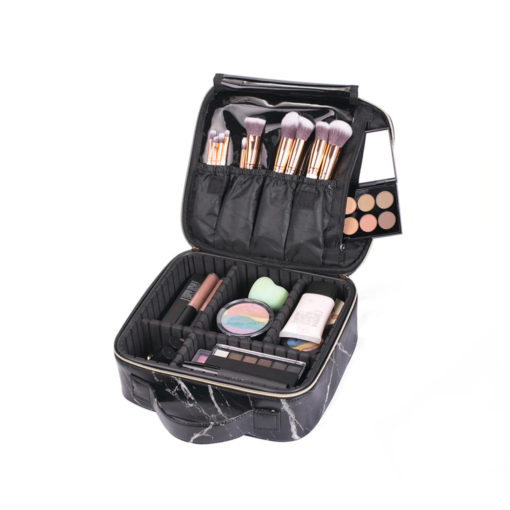 Ipetboom Reisekosmetikkoffer Marmor Design mit Verstellbaren Fächern Tragbarer Organizer für Make Up Pinsel Lippenstift Kosmetiktasche Handliches Beauty Case für Unterwegs